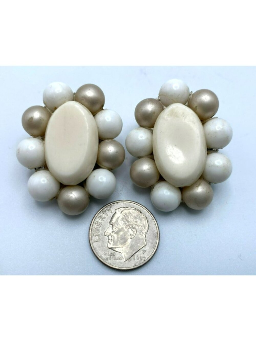 Clip On Earrings MCM White Beaded Faux Pearl West Germany 1950's 50's MARKED! - Picture 7 of 7